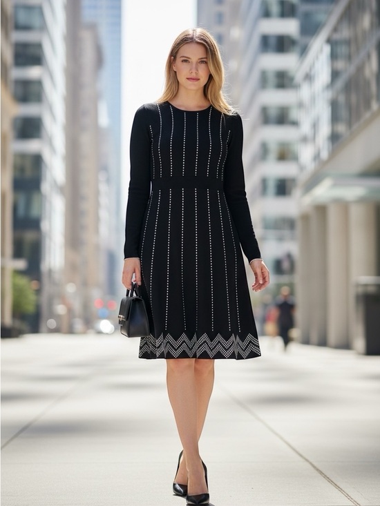 EMMA & POSH Dresses & Skirts - Knit/Stretch Long-Sleeve Midi Dress with Hem Detailing - M, Black/White